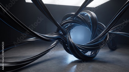A futuristic dark and abstract architectural space with a glowing central portal or opening