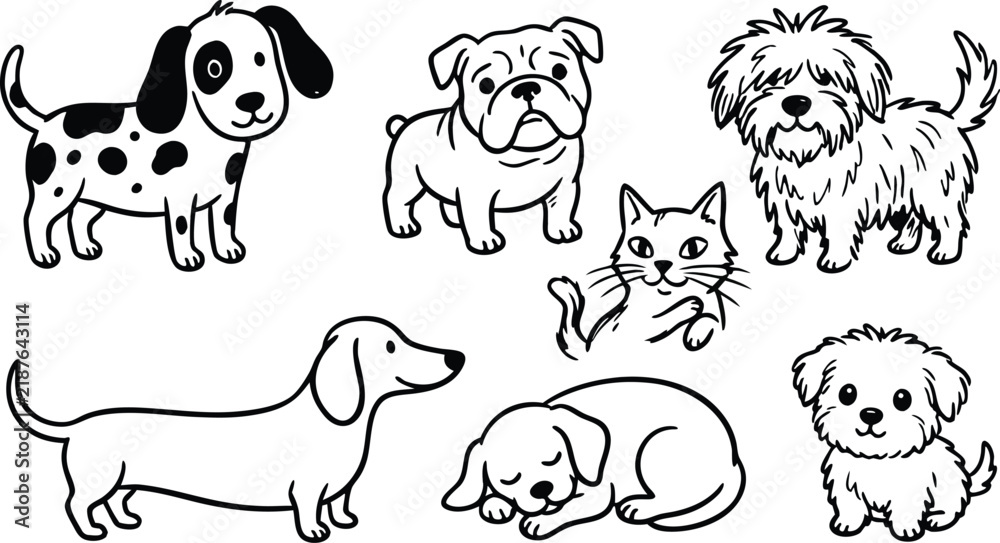 Obraz premium A collection of cute hand drawn black and white sketches featuring various breeds of dogs and a small kitten illustration