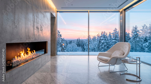 Elegant Minimalist Interior with Modern Fireplace and Panoramic Glass Window View of Snow-Covered Winter Forest at Sunset