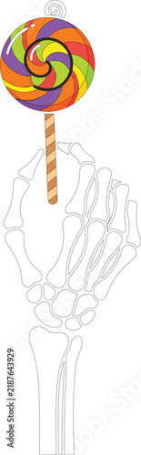 Colorful lollipop held by skeletal hand, gothic Halloween vector illustration, spooky candy concept for posters, invitations, packaging, merchandise, design projects
