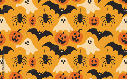 Halloween seamless background pattern with pumpkins ghosts and bats