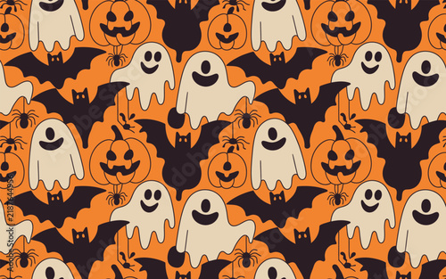 Halloween themed repeating pattern with ghosts bats and pumpkins