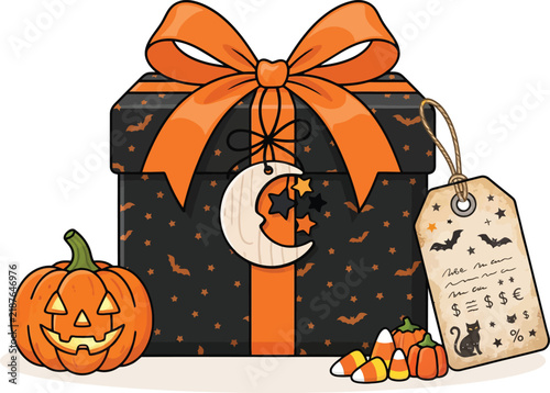 Halloween gift box with pumpkin, candy corn and spooky price tag, cute cartoon vector illustration for promotions, packaging and merchandise