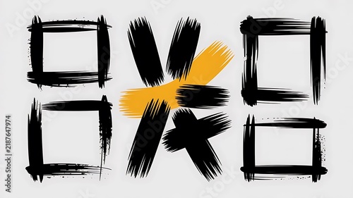 Minimalist, black-and-white characters with yellow paint, ink brush, brush strokes, brushes, lines, frames, buttons, grungy rough. grunge thick paint line texture.on white background