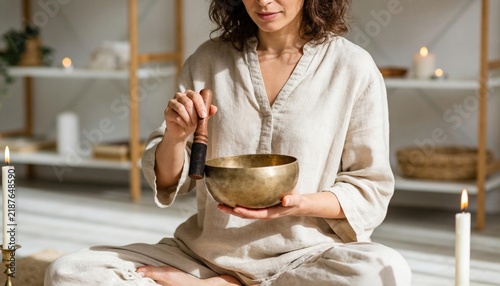 Woman playing a bronze singing bowl with a wooden mallet surrounded by candles on a shelf, sound healing and mindfulness concept photography concept concept