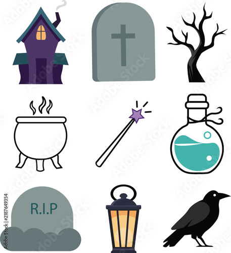 Spooky Halloween icons collection, haunted house, tombstone, cauldron, magic wand, potion bottle, crow, eerie tree, lantern, vector illustration design