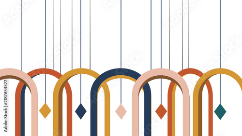 Modern geometric background featuring hanging arches and diamond shapes in a warm color palette, perfect for sophisticated branding, event invitations, or web design.