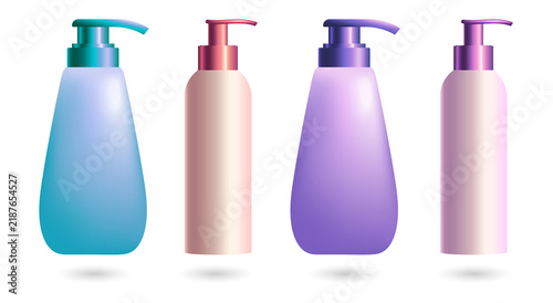 Four colorful cosmetic bottles on transparent background