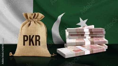 4K Pakistan Rupee Falling on Ground with Waving Pakistan Flag - 3D Animation