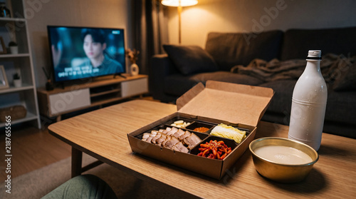 Korean bossam delivery box with makgeolli rice wine on table while watching drama on television at night