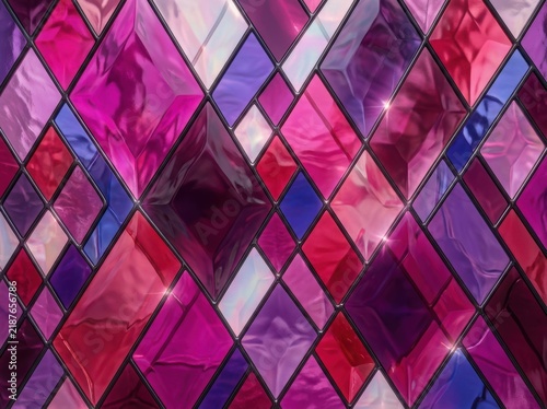 Abstract geometric stained glass pattern with shimmering purple and pink rhombuses and squares