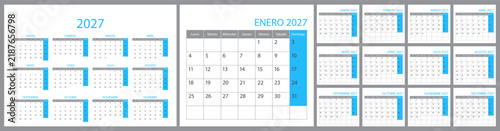 Spanish calendar and planner 2027 year, schedule month calender, organizer template background. Week starts on Monday. Business personal page for Spain. Modern simple dairy. Vector illustration