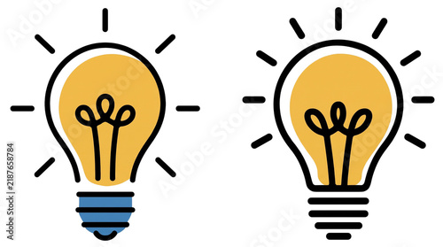 Two cartoon light bulbs glowing yellow with black outlines and radiating light rays on transparent background.
