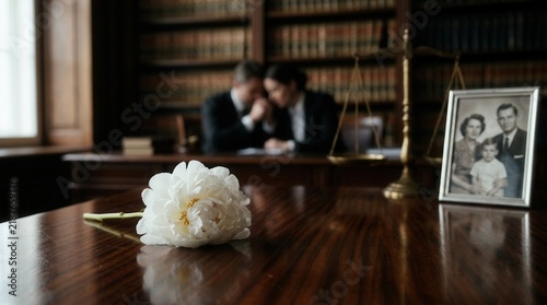 White flower on a wooden table with blurred scales of justice and a family photo representing wrongful death.