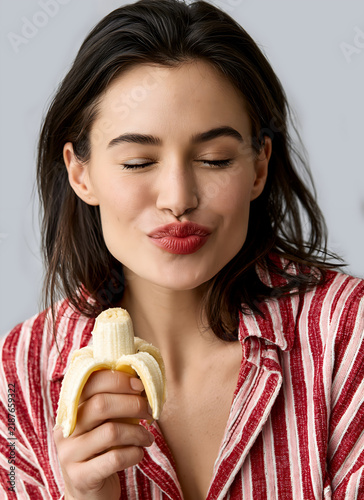 Woman eating banana with pleasure