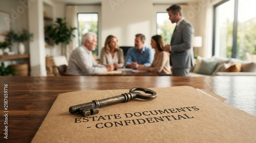 Estate documents and a key on a wooden table for probate lawyer services.