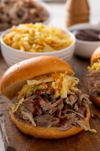 Obraz na płótnie Pulled pork sandwiches with brioche buns and cabbage