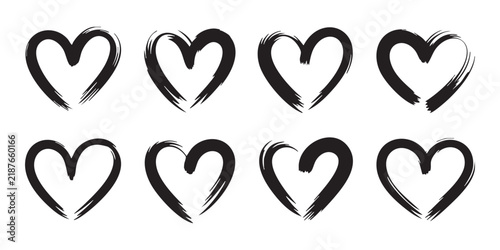 Set of eight black grunge hearts, brush stroke style, texture heart symbols, design elements.