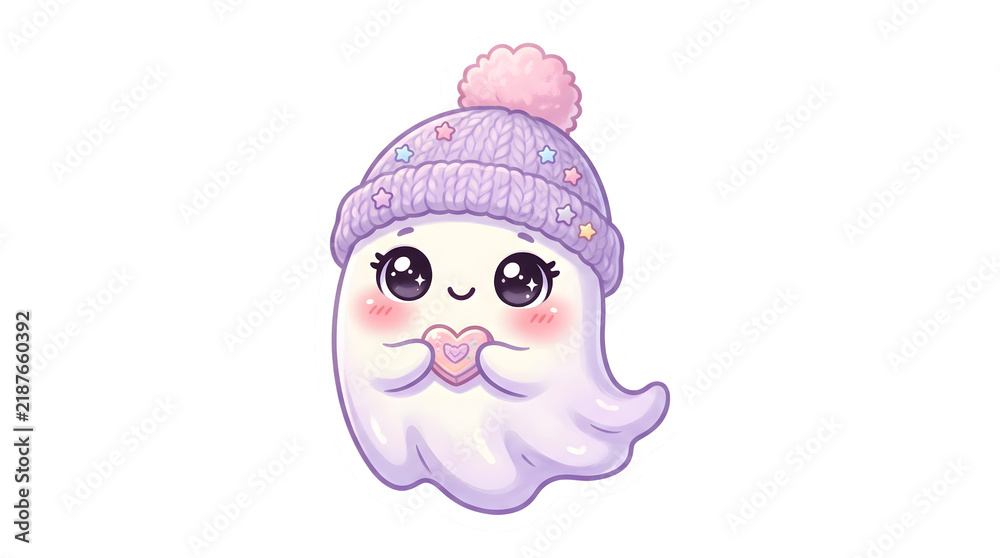 Fototapeta premium Cute Kawaii Ghost Wearing Purple Knitted Hat Holding Pink Heart Illustration-Halloween Stickers- t-shirt design-isolated on white background