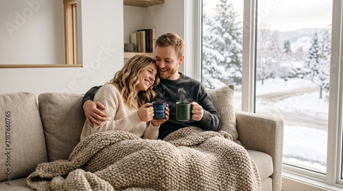 Young Couple Relaxing Together on New Year's Morning with Coffee and Cozy Blankets