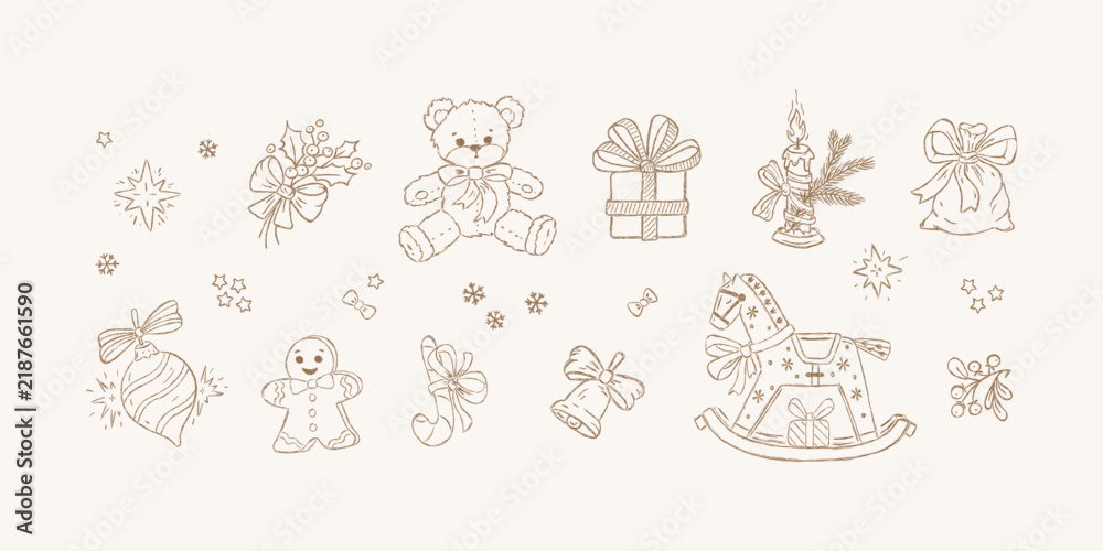 Obraz premium New Year illustration set with gifts and Christmas tree ornaments
