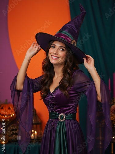 Young woman in elegant purple witch costume with green sash. Smiling female holding pointed hat in a colorful room with Halloween decorations