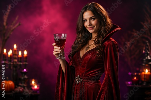 Smiling woman in a red velvet gothic vampire costume holding a glass goblet. Dark moody Halloween background with lit candles