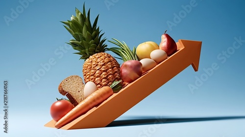 Food items like pineapple, bread, eggs, fruits, and vegetables ascending an orange arrow, symbolizing rising food prices, inflation, and increasing cost of living for groceries