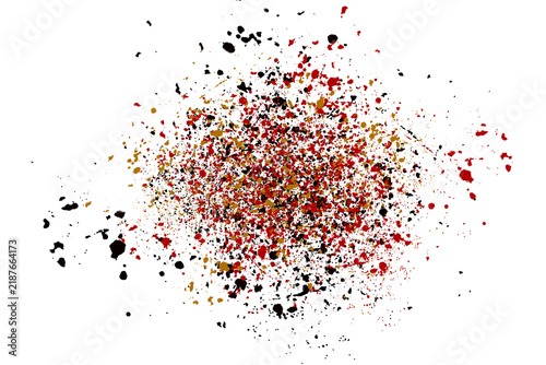 Explosion of Color: A vibrant and energetic splatter of red, black, and yellow paint creates a dynamic abstract pattern, evoking a sense of chaos and creativity.