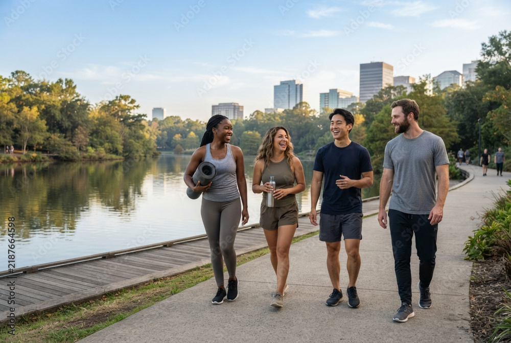 Fototapeta premium Amigos caminando juntos después de entrenar en un parque urbano