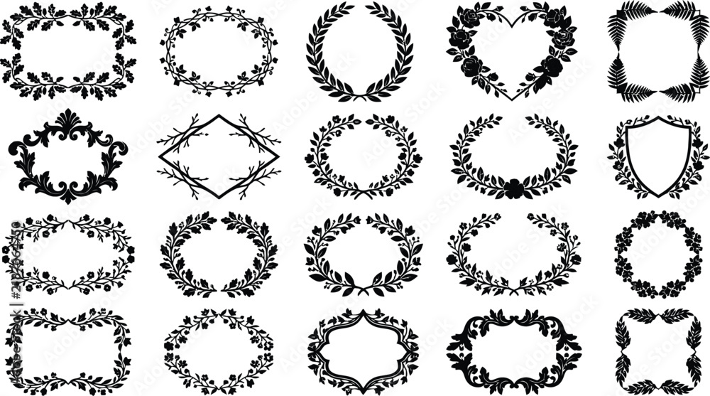 Fototapeta premium Wreath Frame Floral Laurel Silhouette Border Collection
