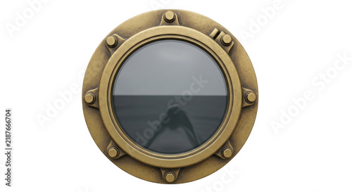 Steampunk Porthole with brass frame reflecting a calm sea during daytime isolated on transparent background