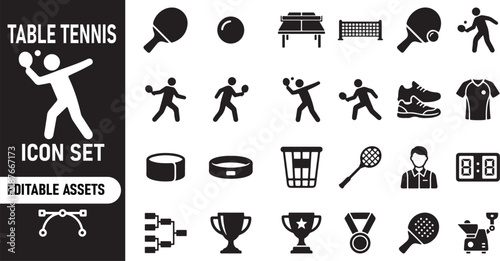 Table tennis icon set with paddle and ball graphics
