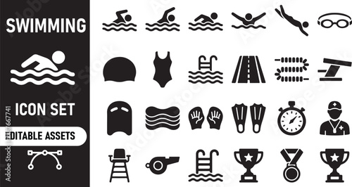 Swimming icon set with aquatic sports and pool equipment