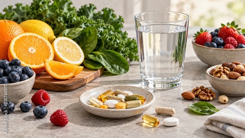 Vitamin pills and supplements with fresh fruits, berries and glass of water. Healthy nutrition concept with citrus, nuts and greens on table.