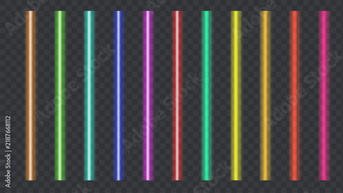 Neon LED tube lines with vibrant rainbow colors glow and beam strips on dark background. Fluorescent bar lamps create stunning electric effects for casino signs and cyber party vector frames
