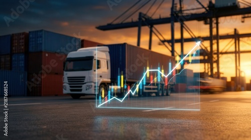 Distribution network and supply chain economy concept featuring trucking and land logistics transportation with stock market growth charts.