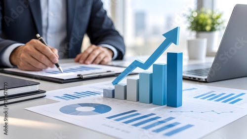 Businessman analyzing financial data with a 3D bar chart showing growth on office desk