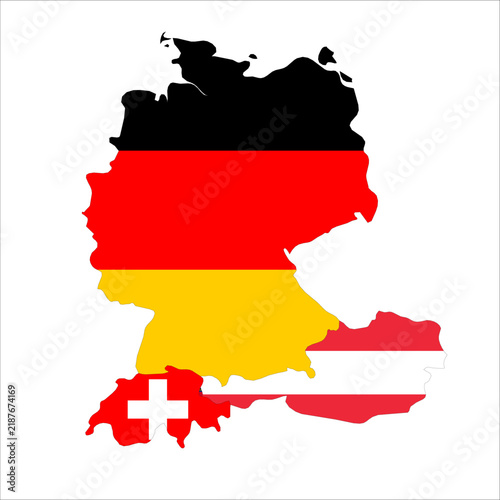 Flag map outline shape of German Speaking Countries. Flags of countries fill the shapes with their colors. Symbol of regional cooperation, identity and partnership