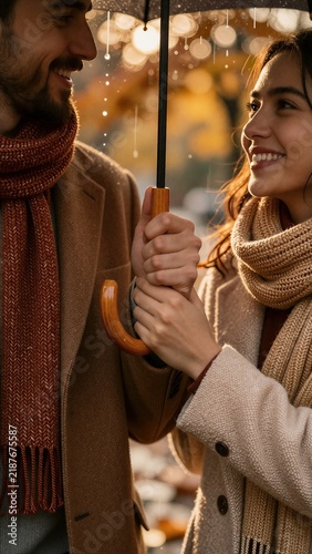 Happy romantic couple holding umbrella together in autumn rain, smiling at each other with warm bokeh background, love and togetherness concept