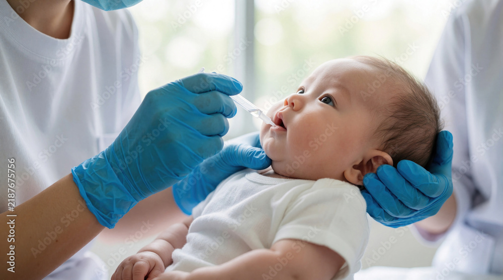 Obraz premium Nurse gives infant oral vaccine using dropper. Tiny baby receives medicine for protection and health. Doctor or pediatrician does liquid drops to child in medical clinic.