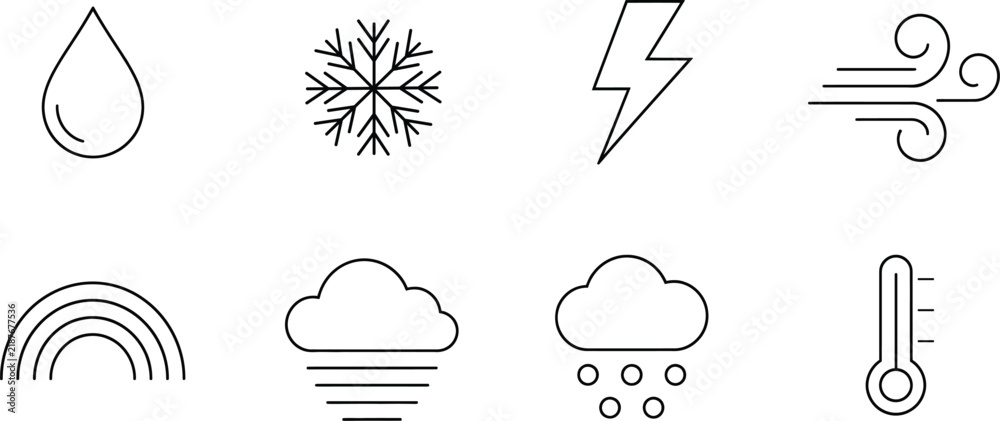 Obraz premium Set of weather icons including rain snowflake lightning wind rainbow cloud and thermometer