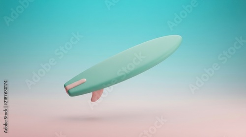 Light green surfboard with red leash floating in gradient sky background