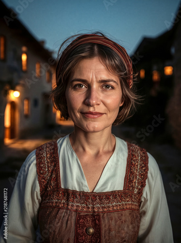 woman in village at twilight wearing traditional Slavic folk dress of Eastern Slavic ethnic groups