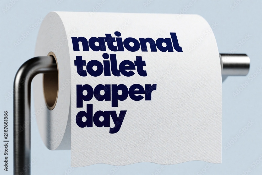 Naklejka premium Roll of white toilet paper printed with text national toilet paper day displayed on chrome holder. Clean bathroom essential for personal hygiene needs.