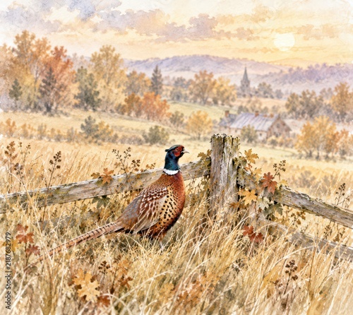 A pheasant stands elegantly by a rustic wooden fence, surrounded by tall grasses, with a tranquil autumn watercolor landscape of distant hills and a quaint village in the background