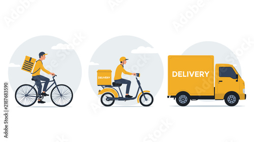 Set of delivery service icons featuring courier on bicycle scooter and truck transporting packages