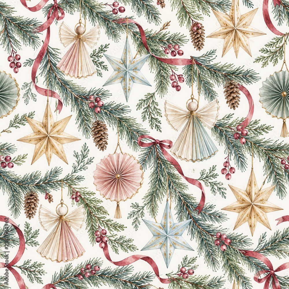 Fototapeta premium Seamless Christmas Ornaments and Foliage Pattern