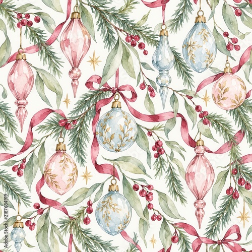 Seamless Christmas Ornaments and Foliage Pattern