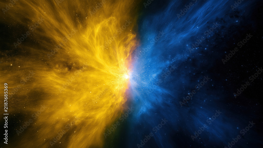 Fototapeta premium vibrant space explosion nebula with fiery golden yellow gas cloud colliding with deep blue cosmic dust in deep outer space background filled with distant glowing stars and galaxy light
